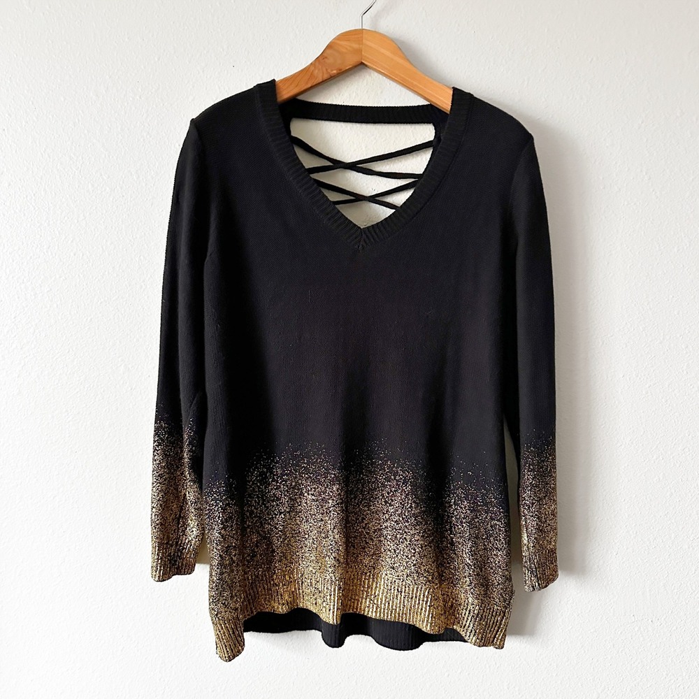 Torrid Black Gold Glitter Ombre V Neck Lattice Back Sweater Plus Size 1X